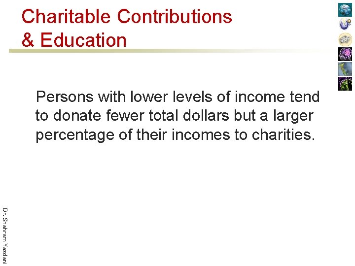 Charitable Contributions & Education Persons with lower levels of income tend to donate fewer