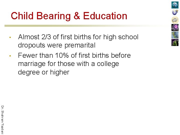 Child Bearing & Education • • Almost 2/3 of first births for high school