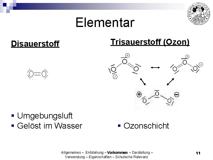 Elementar Trisauerstoff (Ozon) Disauerstoff § Umgebungsluft § Gelöst im Wasser § Ozonschicht Allgemeines –