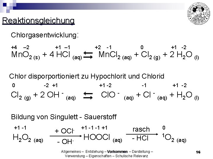 Reaktionsgleichung Chlorgasentwicklung: +4 – 2 +1 – 1 Mn. O 2 (s) + 4