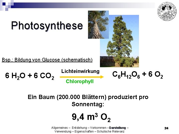 Photosynthese Bsp. : Bildung von Glucose (schematisch) 6 H 2 O + 6 CO