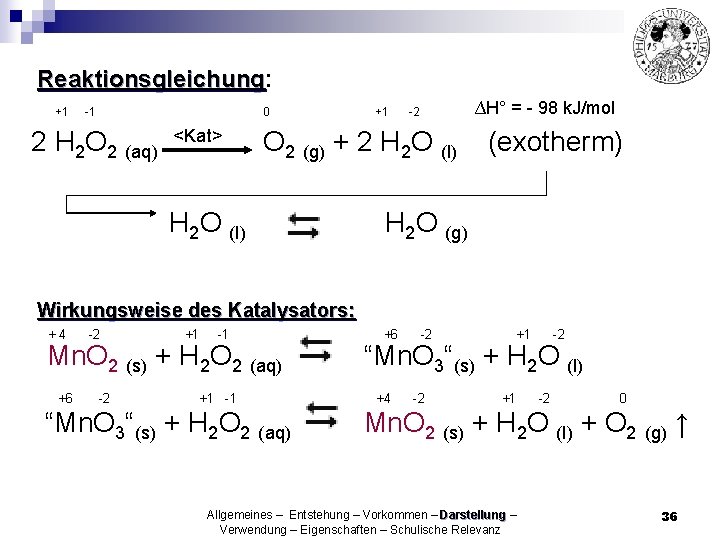 Reaktionsgleichung: Reaktionsgleichung +1 -1 0 2 H 2 O 2 (aq) <Kat> +1 ∆H°