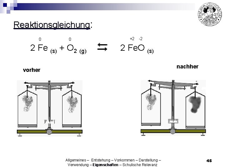 Reaktionsgleichung: 0 0 2 Fe (s) + O 2 (g) +2 -2 2 Fe.