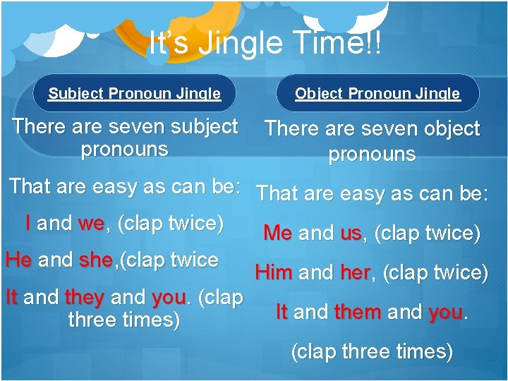 It’s Jingle Time!! Subject Pronoun Jingle There are seven subject pronouns Object Pronoun Jingle