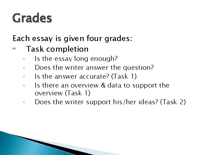 Grades Each essay is given four grades: Task completion ◦ ◦ ◦ Is the