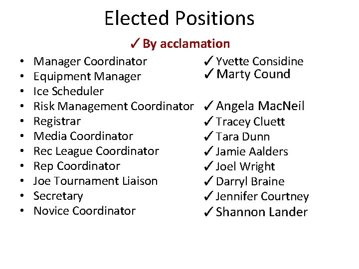 Elected Positions ✓By acclamation • • • Manager Coordinator Equipment Manager Ice Scheduler Risk