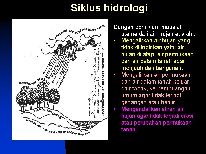 Siklus hidrologi Dengan demikian, masalah utama dari air hujan adalah : • Mengalirkan air