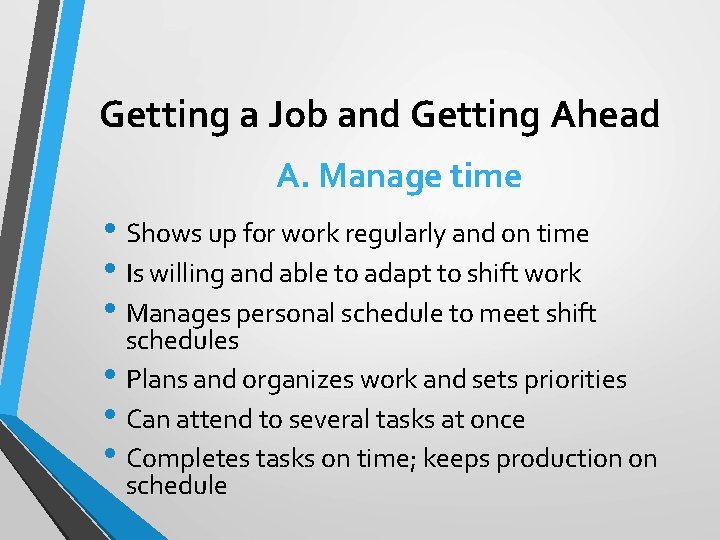 Getting a Job and Getting Ahead A. Manage time • Shows up for work