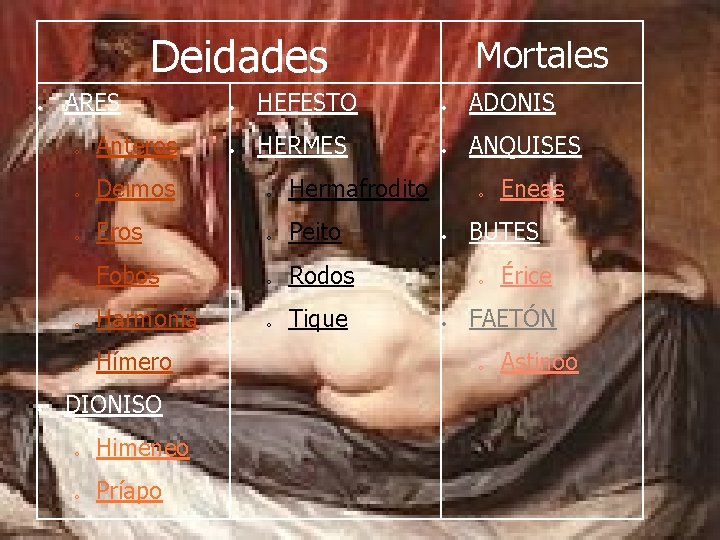 Deidades ARES HEFESTO ADONIS HERMES ANQUISES o Anteros o Deimos o Hermafrodito o Eros