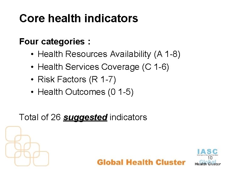 Core health indicators Four categories : • Health Resources Availability (A 1 -8) •