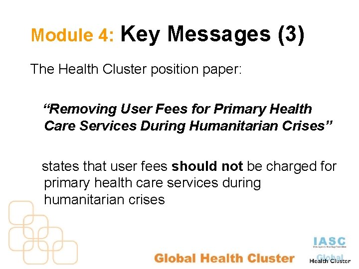 Module 4: Key Messages (3) The Health Cluster position paper: “Removing User Fees for