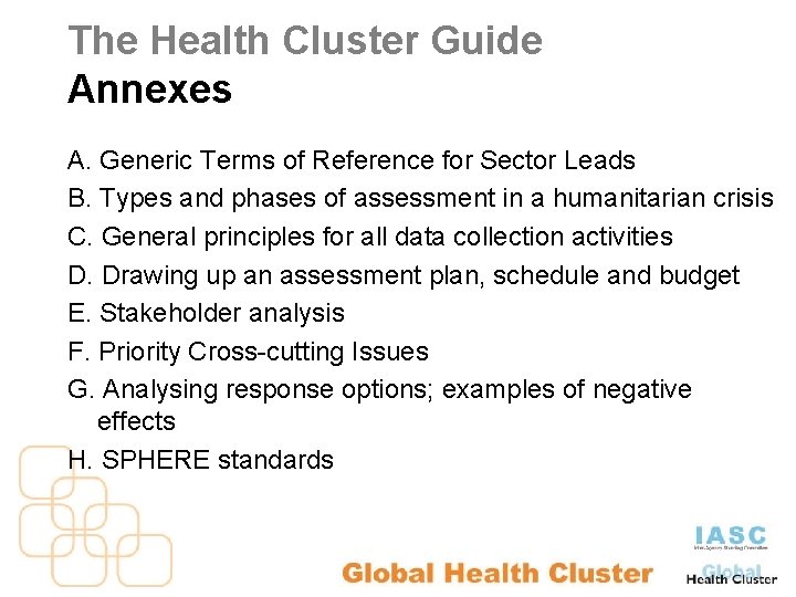 The Health Cluster Guide Annexes A. Generic Terms of Reference for Sector Leads B.
