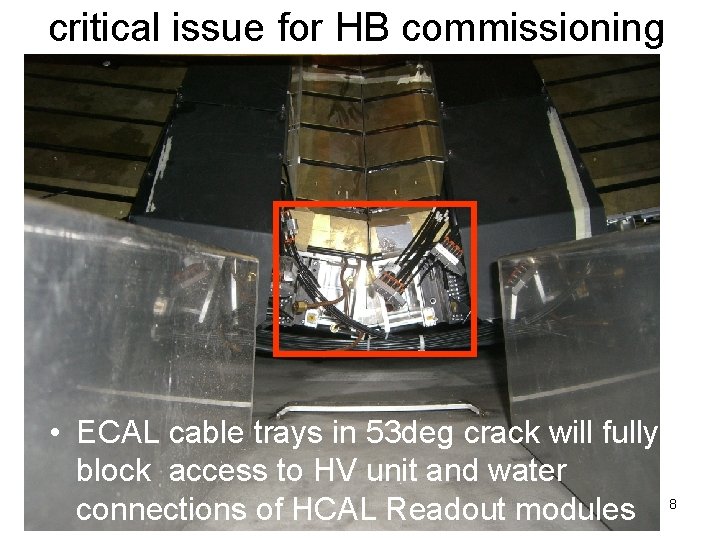 critical issue for HB commissioning • ECAL cable trays in 53 deg crack will