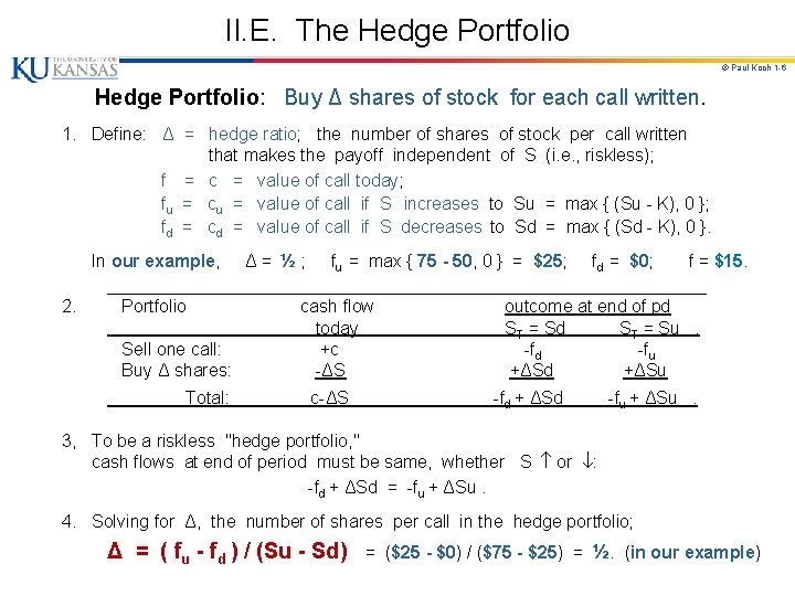 II. E. The Hedge Portfolio © Paul Koch 1 -6 Hedge Portfolio: Buy Δ