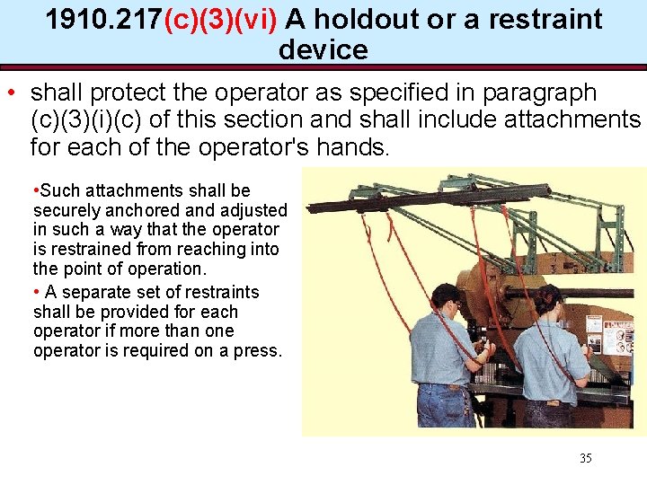 1910. 217(c)(3)(vi) A holdout or a restraint device • shall protect the operator as