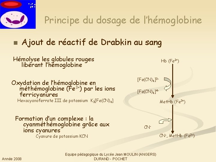 Principe du dosage de l’hémoglobine n Ajout de réactif de Drabkin au sang Hémolyse