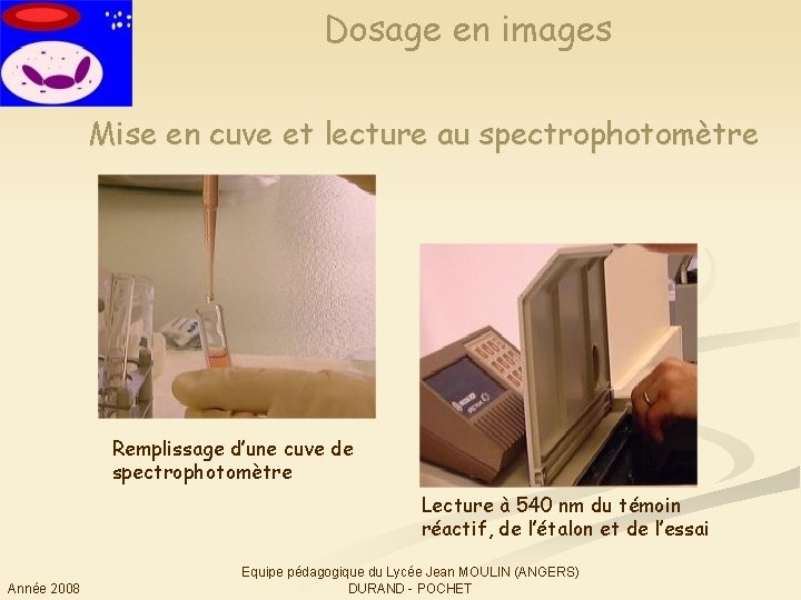 Dosage en images Mise en cuve et lecture au spectrophotomètre Remplissage d’une cuve de