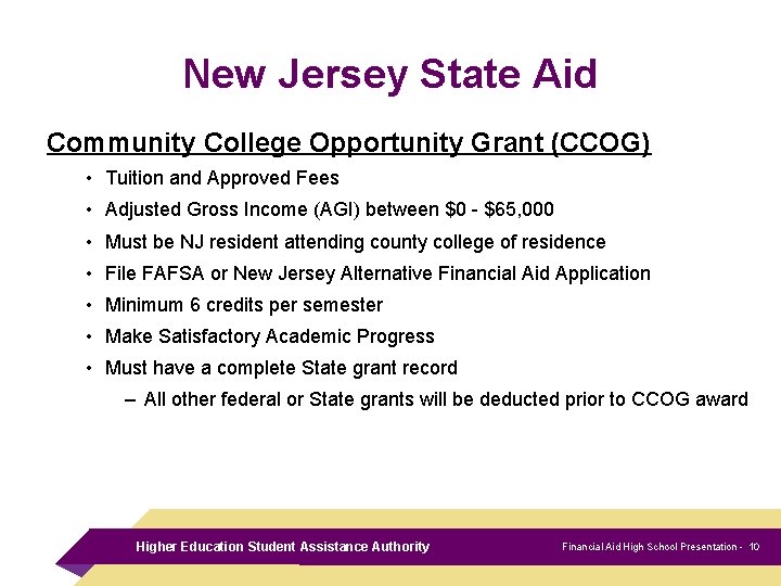New Jersey State Aid Community College Opportunity Grant (CCOG) • Tuition and Approved Fees