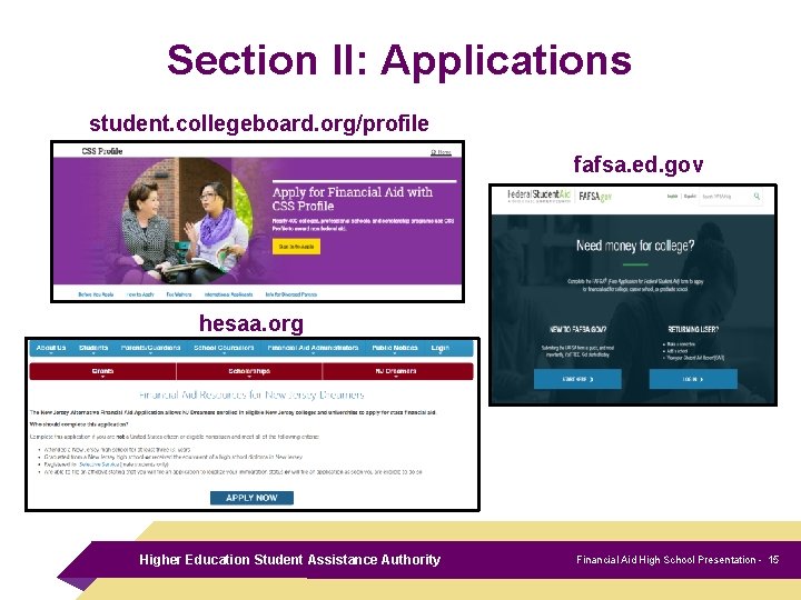 Section II: Applications student. collegeboard. org/profile fafsa. ed. gov hesaa. org Higher Education Student