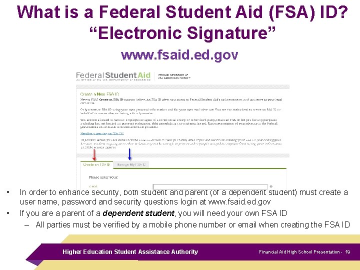What is a Federal Student Aid (FSA) ID? “Electronic Signature” www. fsaid. ed. gov