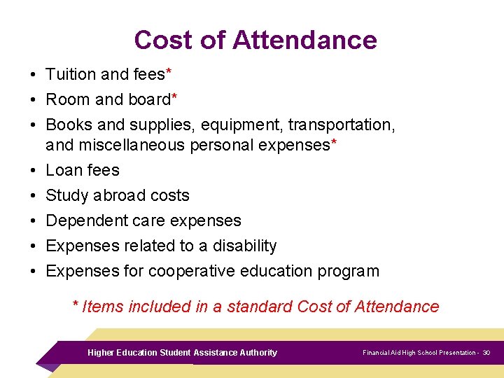 Cost of Attendance • Tuition and fees* • Room and board* • Books and