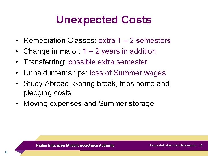 Unexpected Costs • • • Remediation Classes: extra 1 – 2 semesters Change in