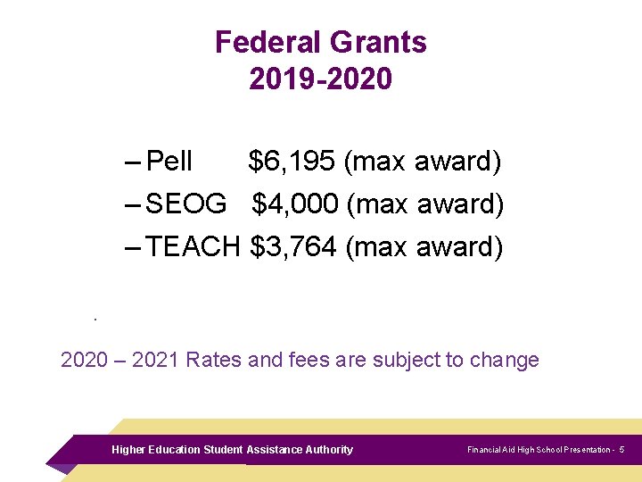 Federal Grants 2019 -2020 – Pell $6, 195 (max award) – SEOG $4, 000