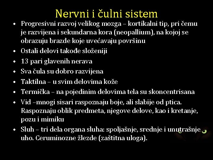 Nervni i čulni sistem • Progresivni razvoj velikog mozga – kortikalni tip, pri čemu