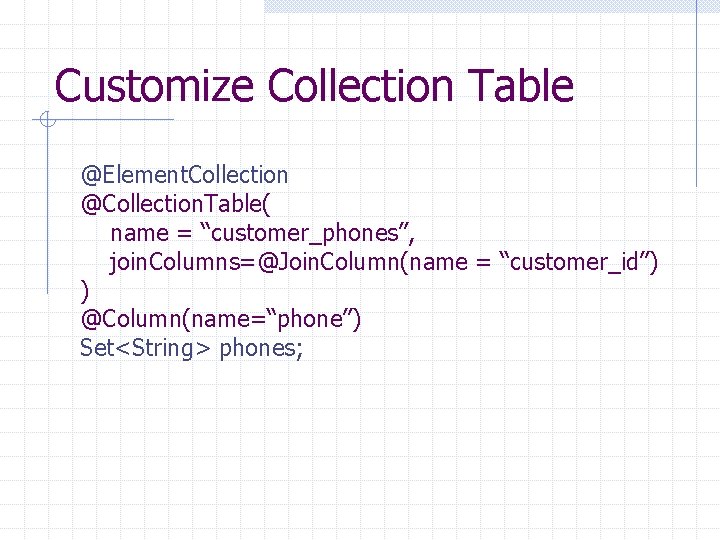 Customize Collection Table @Element. Collection @Collection. Table( name = “customer_phones”, join. Columns=@Join. Column(name =