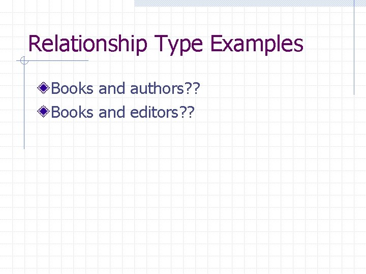 Relationship Type Examples Books and authors? ? Books and editors? ? 
