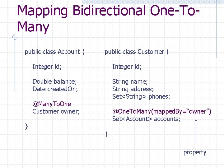 Mapping Bidirectional One-To. Many public class Account { public class Customer { Integer id;
