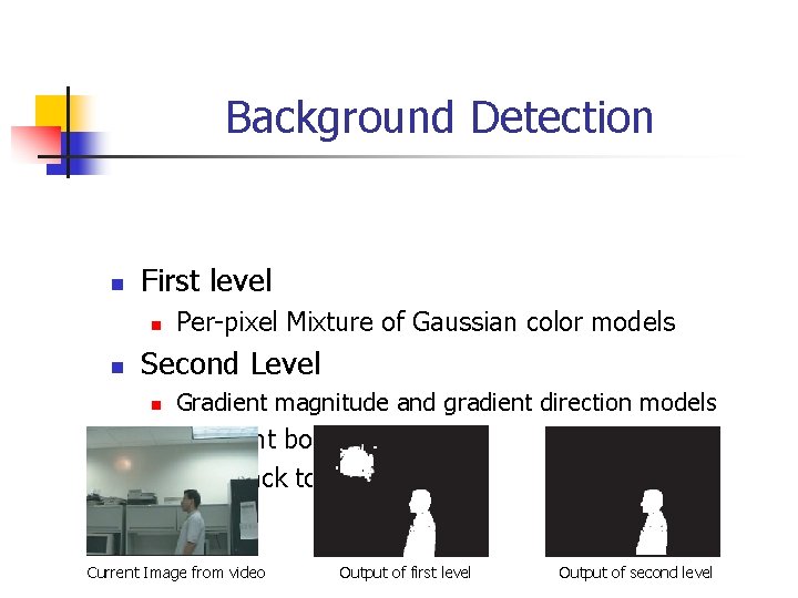 Background Detection n First level n n Per-pixel Mixture of Gaussian color models Second