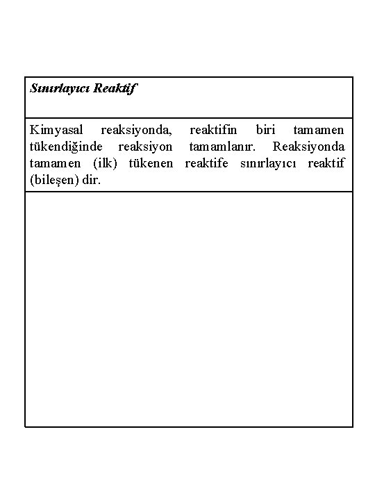 Sınırlayıcı Reaktif Kimyasal reaksiyonda, reaktifin biri tamamen tükendiğinde reaksiyon tamamlanır. Reaksiyonda tamamen (ilk) tükenen