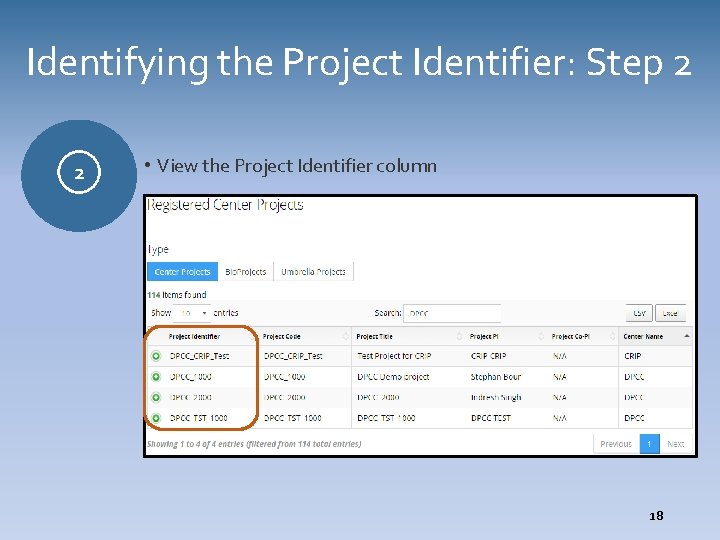 Identifying the Project Identifier: Step 2 2 • View the Project Identifier column 18