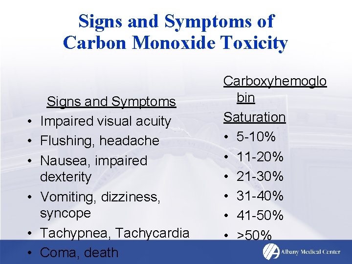 Signs and Symptoms of Carbon Monoxide Toxicity • • • Signs and Symptoms Impaired
