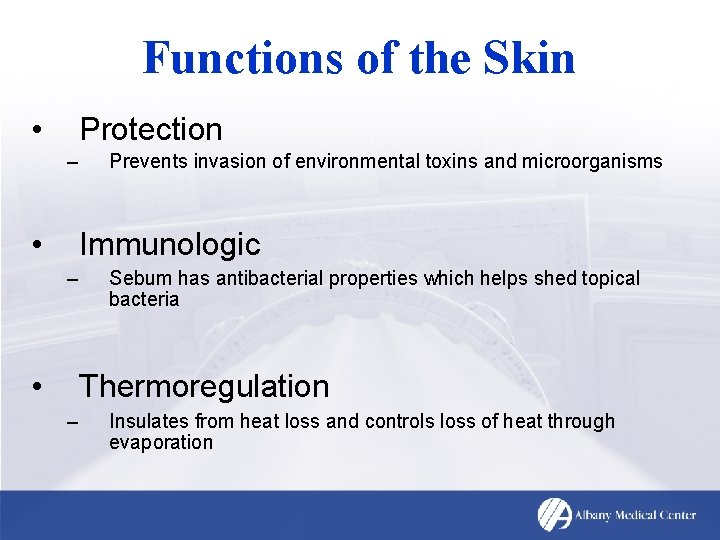 Functions of the Skin • Protection – • Prevents invasion of environmental toxins and