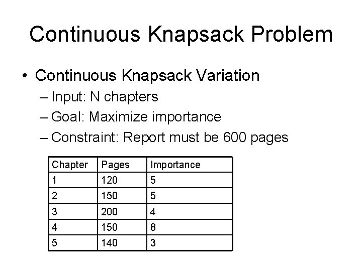 Continuous Knapsack Problem • Continuous Knapsack Variation – Input: N chapters – Goal: Maximize