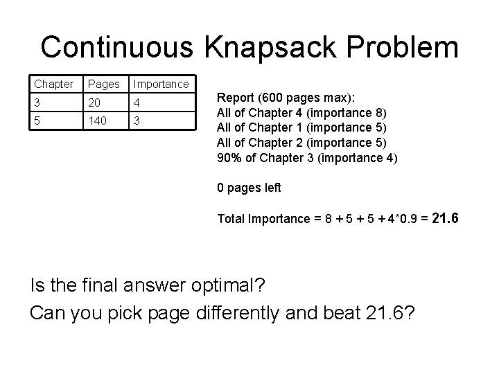 Continuous Knapsack Problem Chapter Pages Importance 3 20 4 5 140 3 Report (600