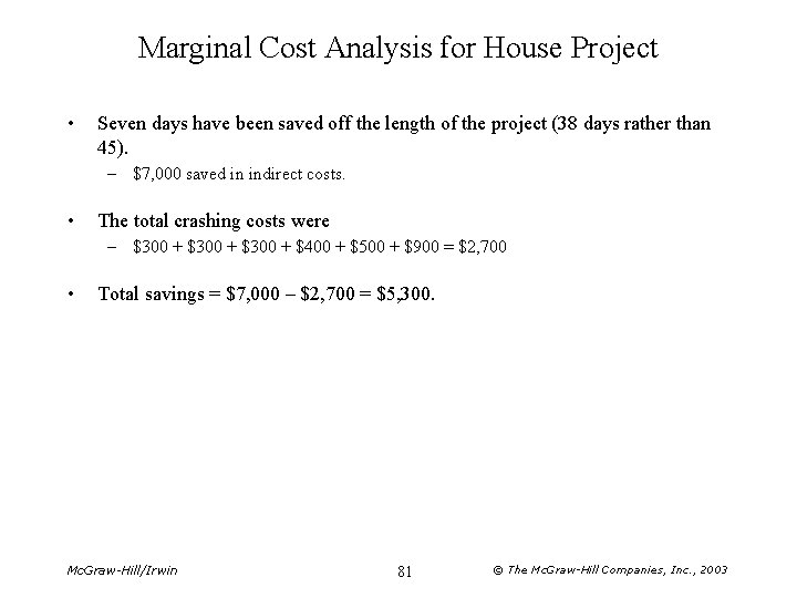 Marginal Cost Analysis for House Project • Seven days have been saved off the