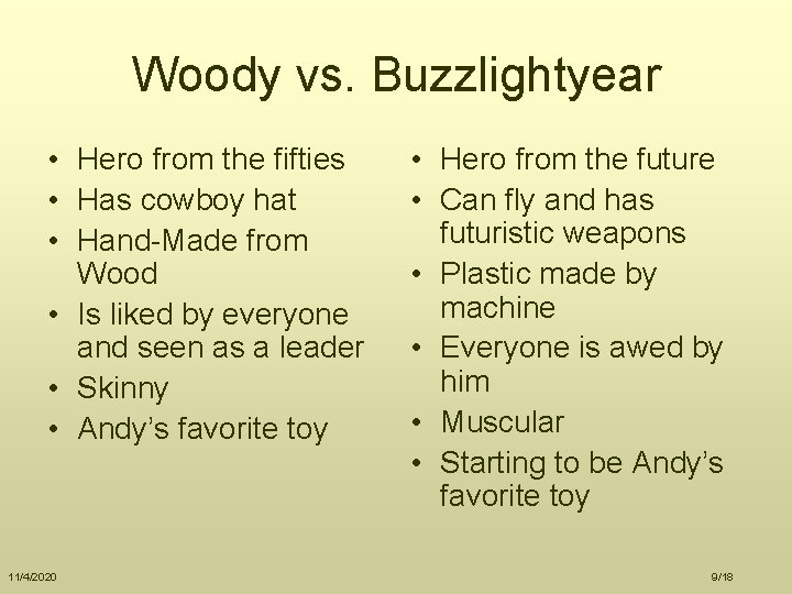 Woody vs. Buzzlightyear • Hero from the fifties • Has cowboy hat • Hand-Made