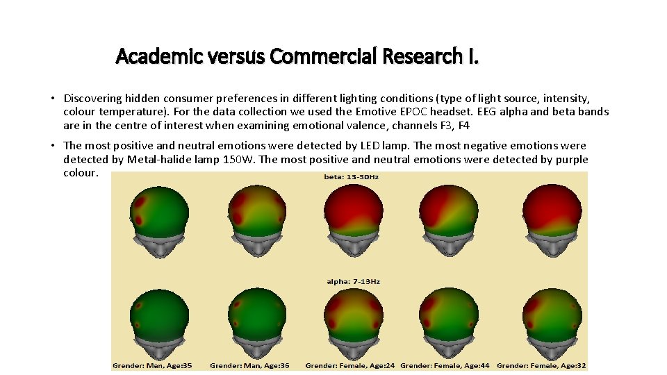 Academic versus Commercial Research I. • Discovering hidden consumer preferences in different lighting conditions