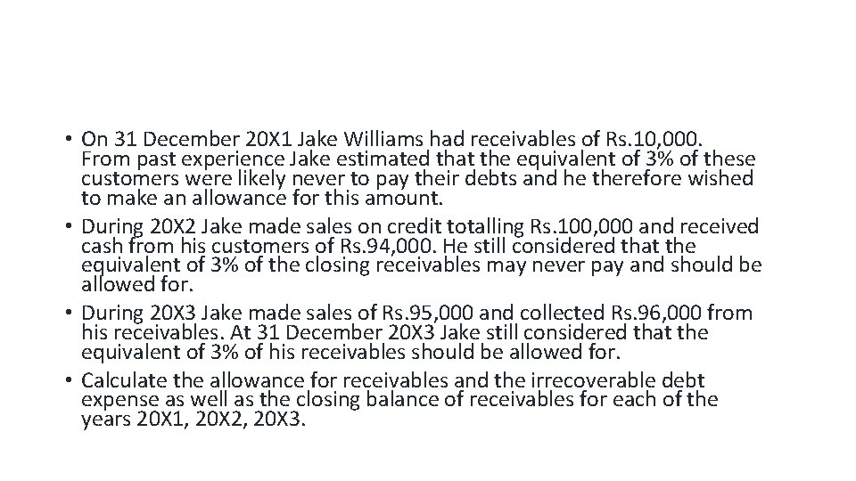  • On 31 December 20 X 1 Jake Williams had receivables of Rs.