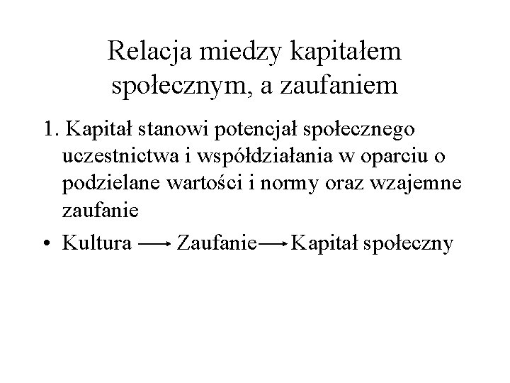 Relacja miedzy kapitałem społecznym, a zaufaniem 1. Kapitał stanowi potencjał społecznego uczestnictwa i współdziałania