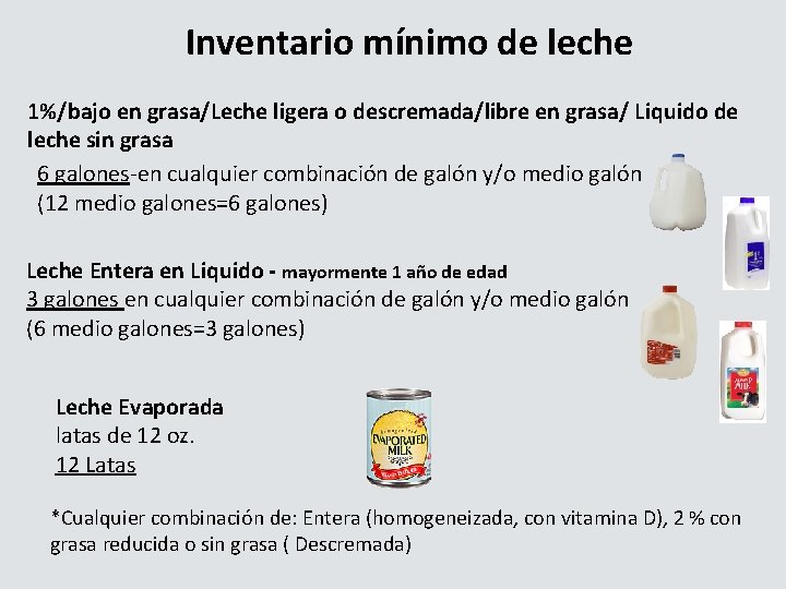 Inventario mínimo de leche 1%/bajo en grasa/Leche ligera o descremada/libre en grasa/ Liquido de