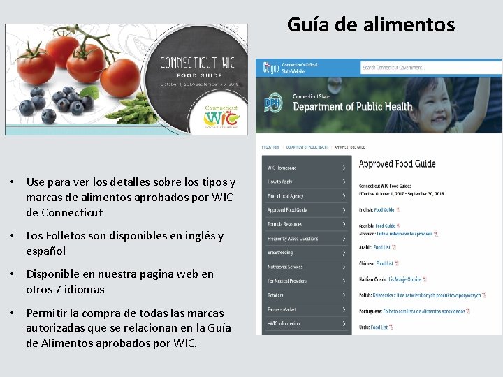 Guía de alimentos • Use para ver los detalles sobre los tipos y marcas