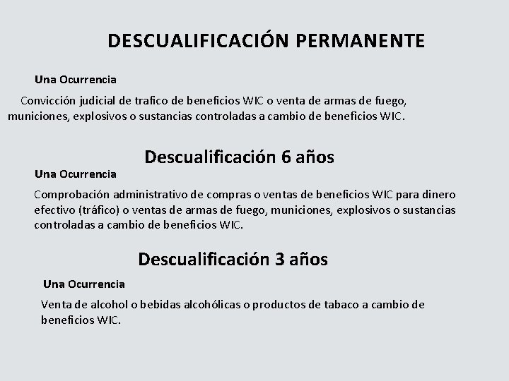DESCUALIFICACIÓN PERMANENTE Una Ocurrencia Convicción judicial de trafico de beneficios WIC o venta de