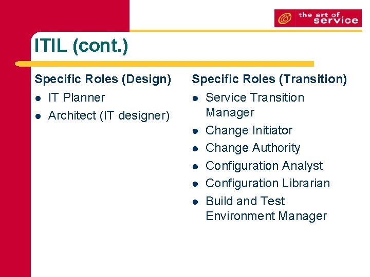 ITIL (cont. ) Specific Roles (Design) l l IT Planner Architect (IT designer) Specific