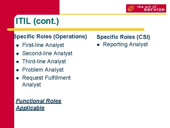 ITIL (cont. ) Specific Roles (Operations) l l l First-line Analyst Second-line Analyst Third-line