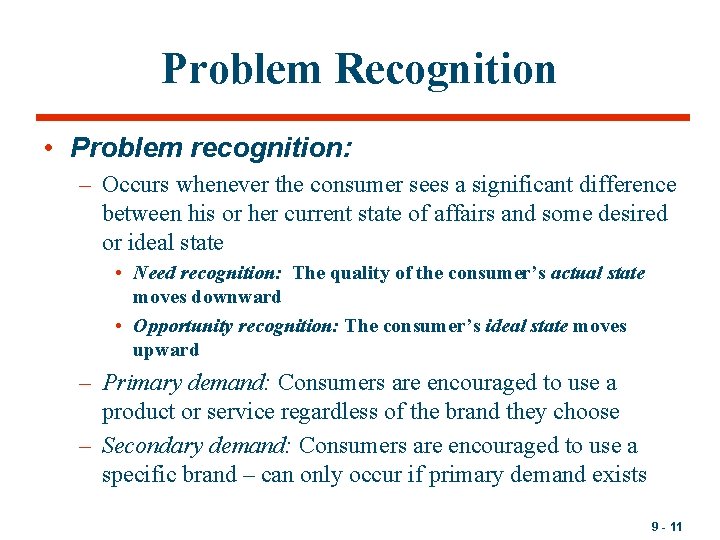 Problem Recognition • Problem recognition: – Occurs whenever the consumer sees a significant difference