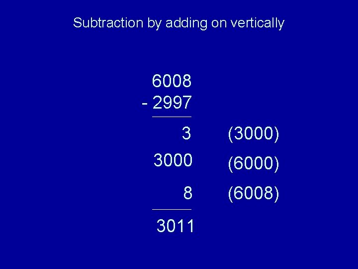 Subtraction by adding on vertically 6008 - 2997 3 (3000) 3000 (6000) 8 (6008)